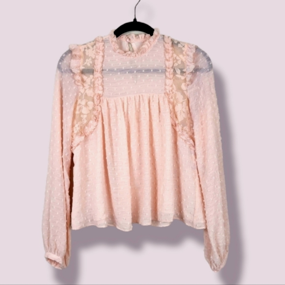 Zara Trafaluc Collection Sheer Swiss Dot Ruffle Lace Sleeve Blouse